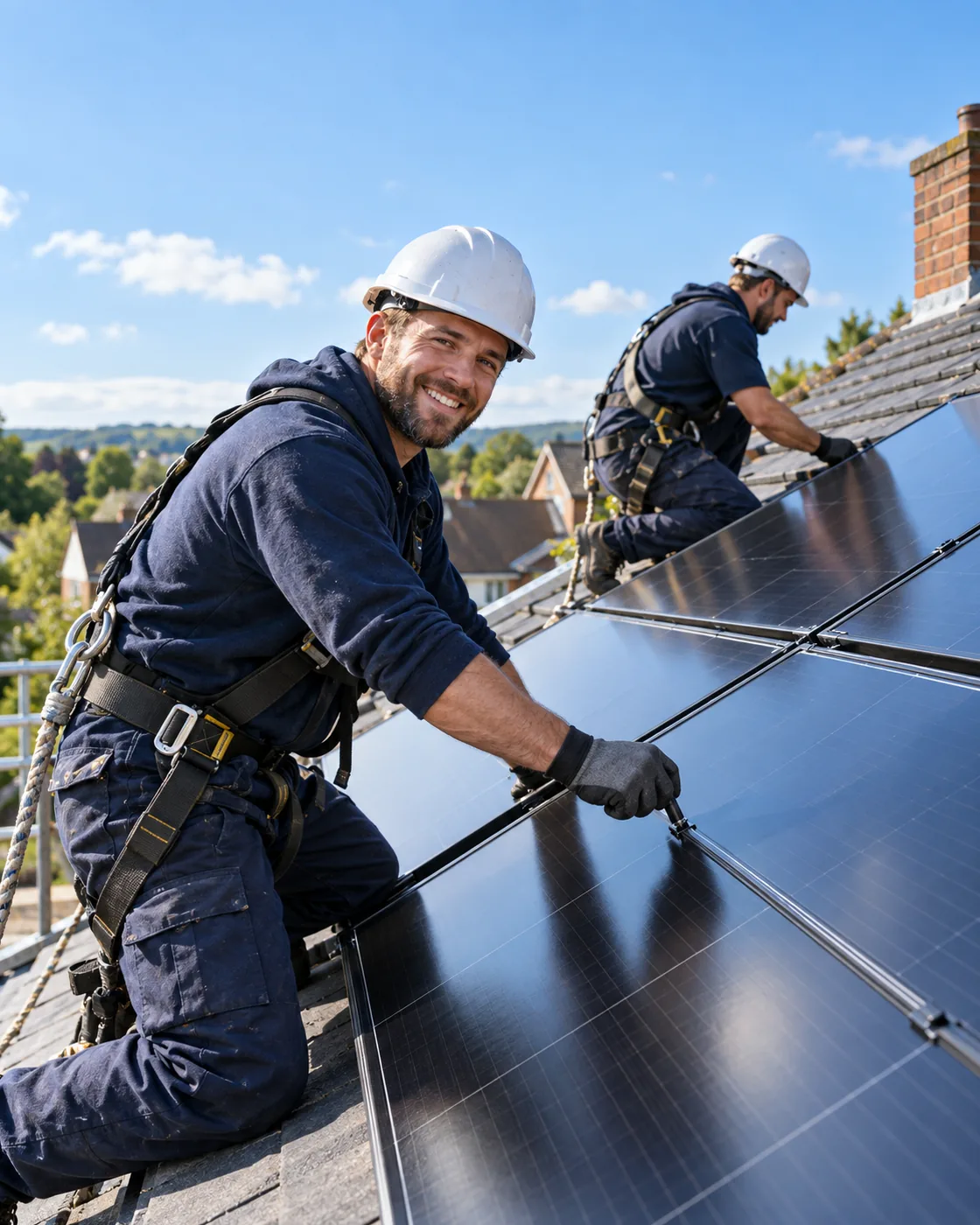 OESL installers fitting solar panels on a house roof