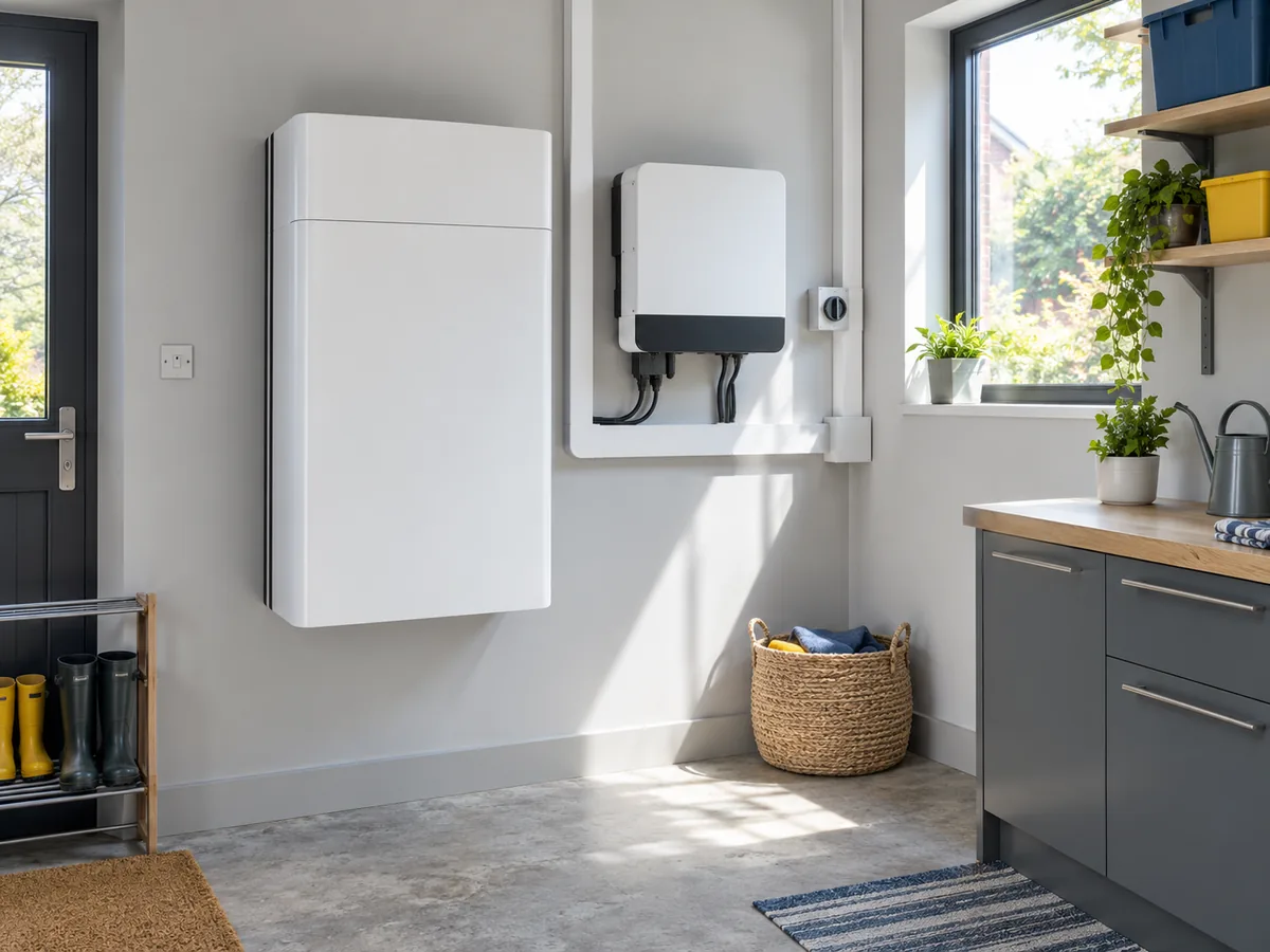 Wall-mounted home battery storage unit in a tidy utility room