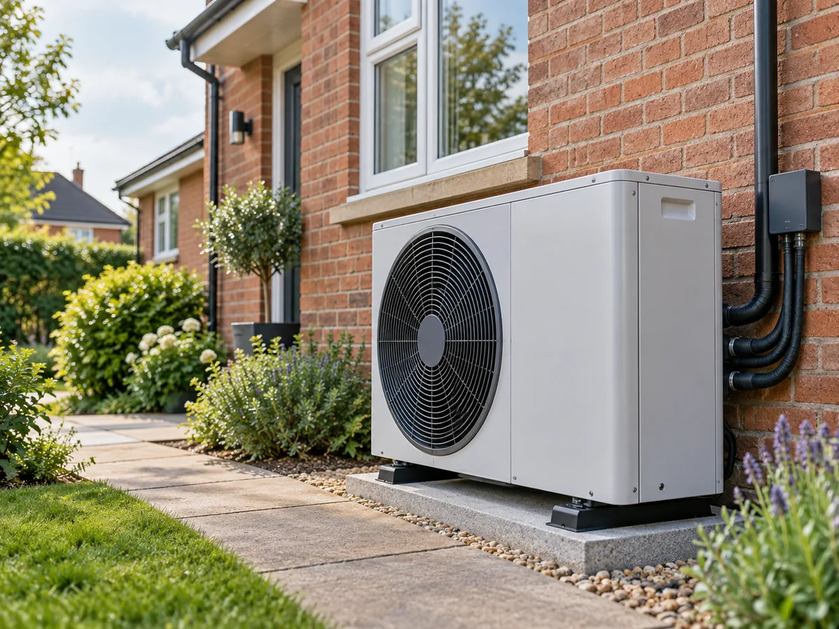 Air source heat pump unit outside a brick UK house