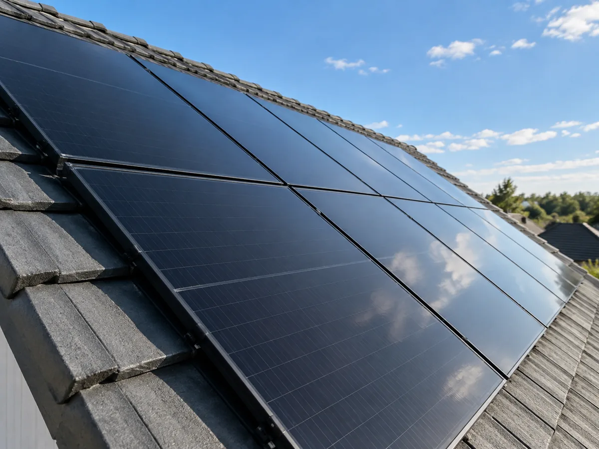 Black solar panels installed on a pitched UK roof